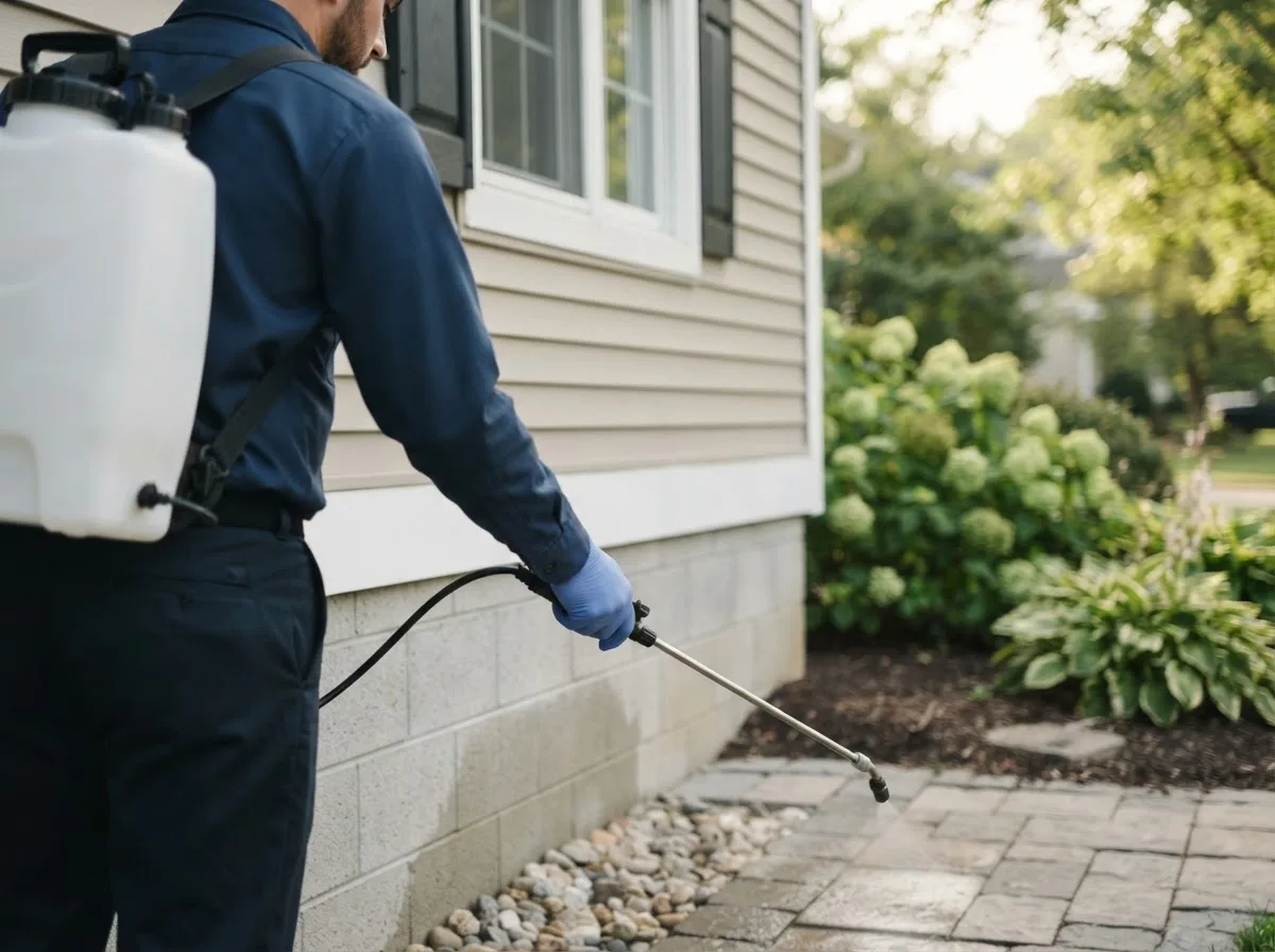 Pest control technician inspecting a home in Lansing, OH